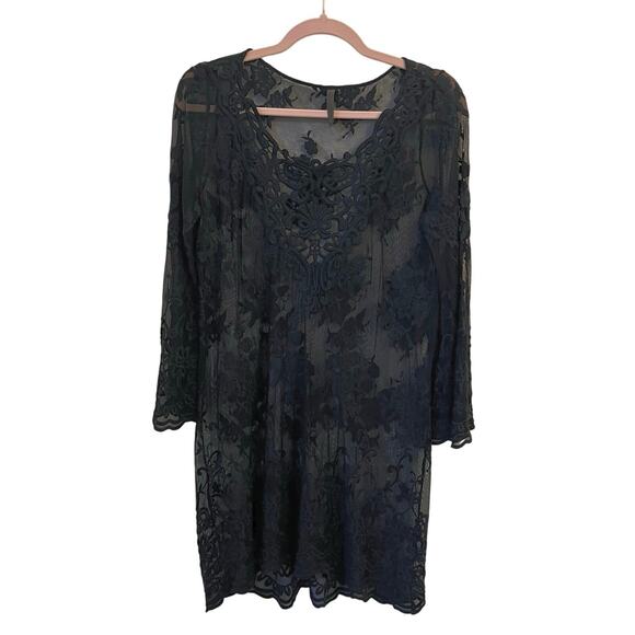 XCVI Black Lace Mesh Tunic Top XS Sheer Bell Sleeves Whimsigoth Dark Romantic - Picture 1 of 10
